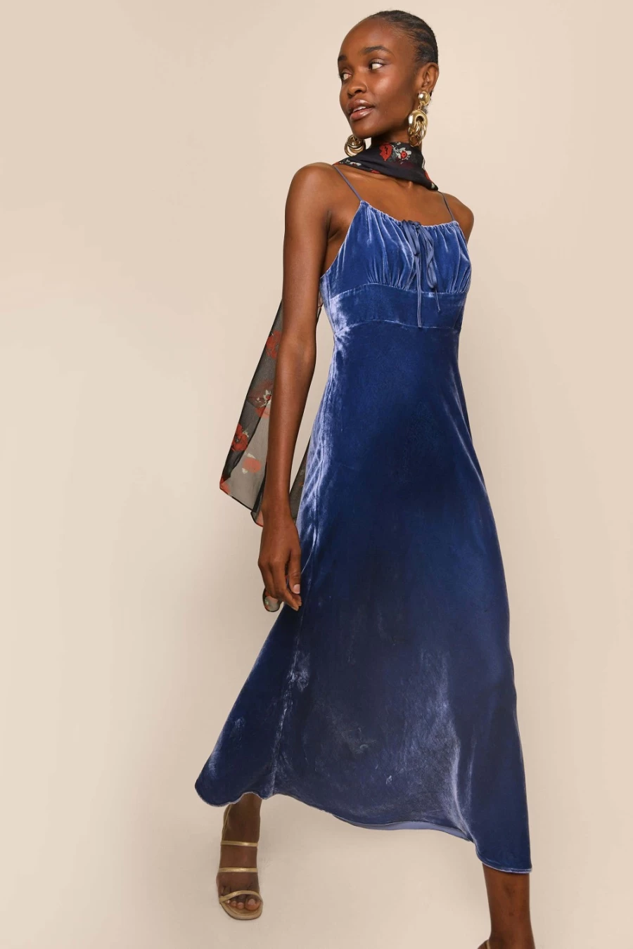 RIXO Women's Maeve Dress in Steel Blue | Elegant Floral Print Midi Dress