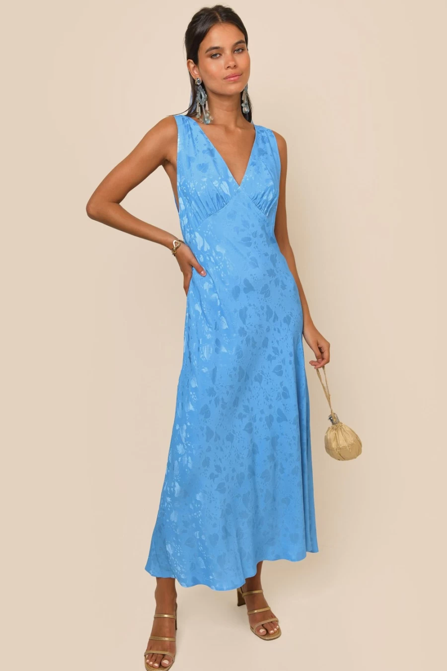 RIXO Women's Sandrine Blue Leaf Jacquard Dress