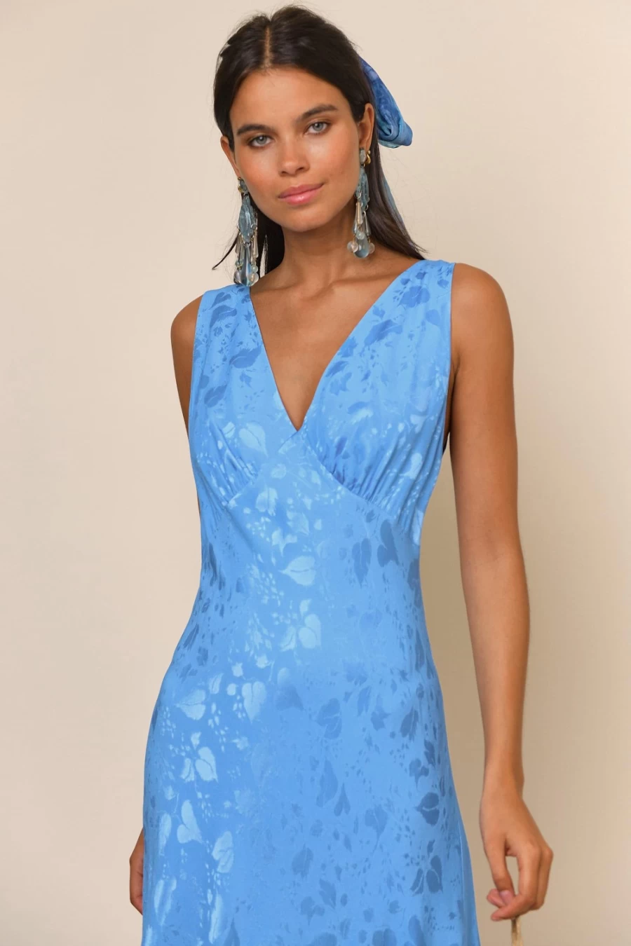 RIXO Women's Sandrine Blue Leaf Jacquard Dress