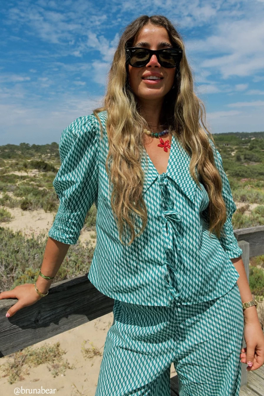 RIXO Women's Odessa Set in Mint Wave - Floral Printed Linen Two-Piece Outfit