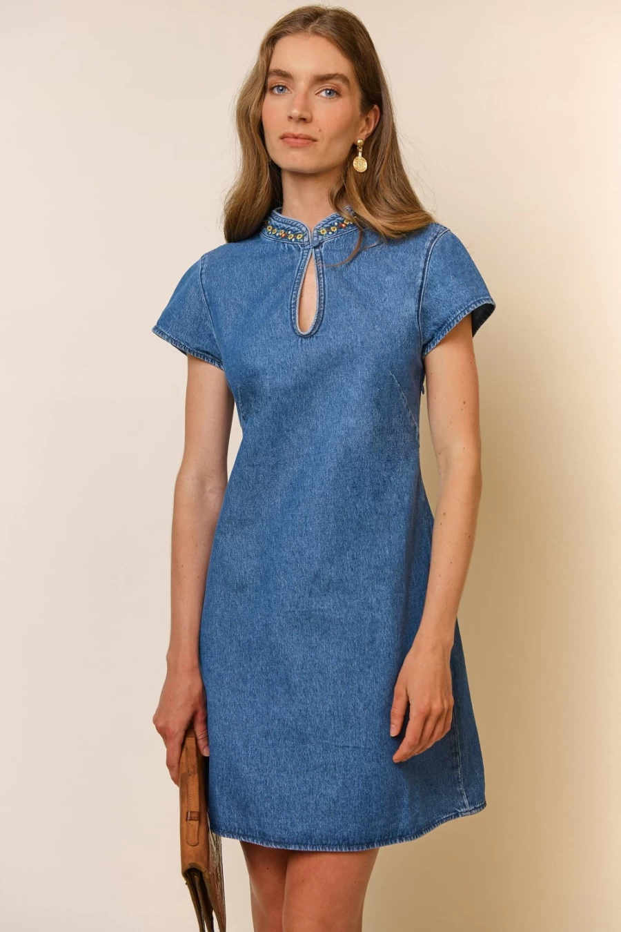 RIXO Women's Denim Embroidery Lolita Dress - Vintage-Inspired Floral Design