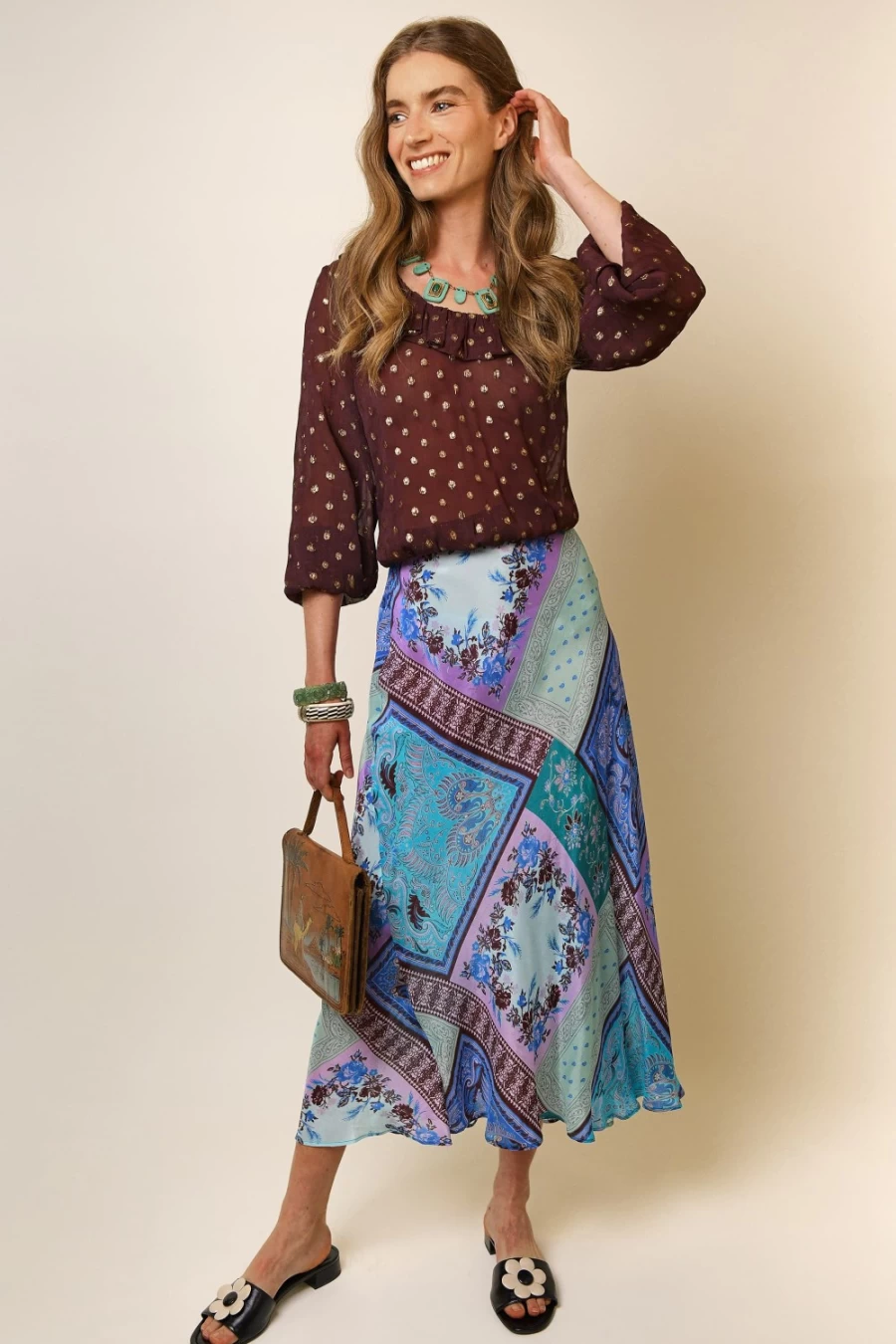 RIXO Women's Alora Dress in Chocolate Lurex Spot - Elegant Lurex Spotted Design