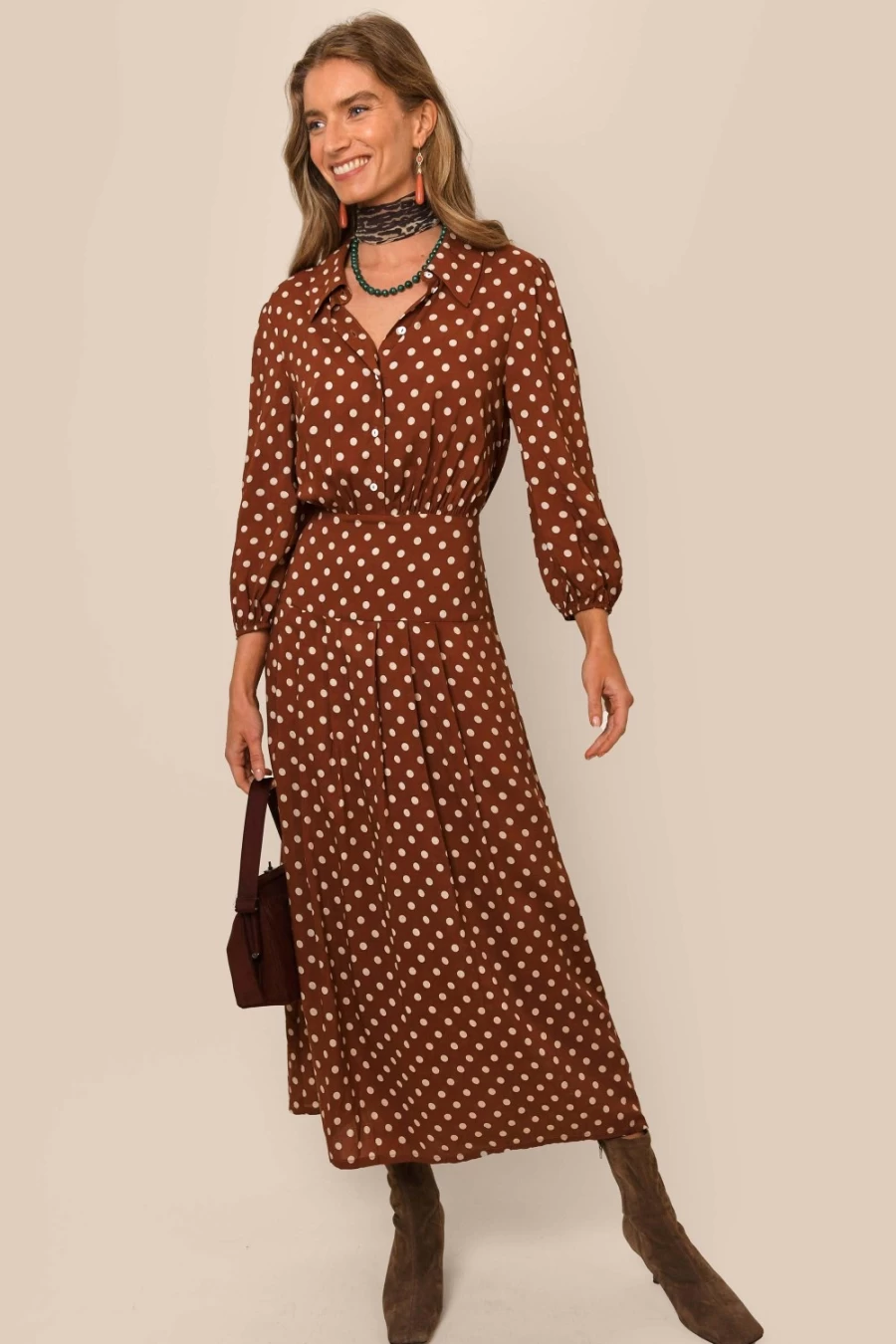 RIXO Women's Izzy Dress in Copper Dot Print - Stylish Floral Pattern Summer Dress