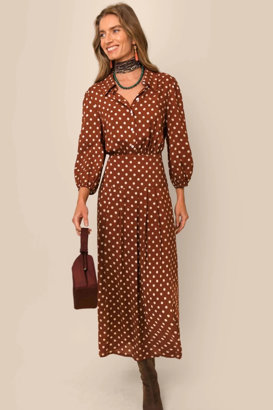 RIXO Women's Izzy Dress in Copper Dot Print - Stylish Floral Pattern Summer Dress