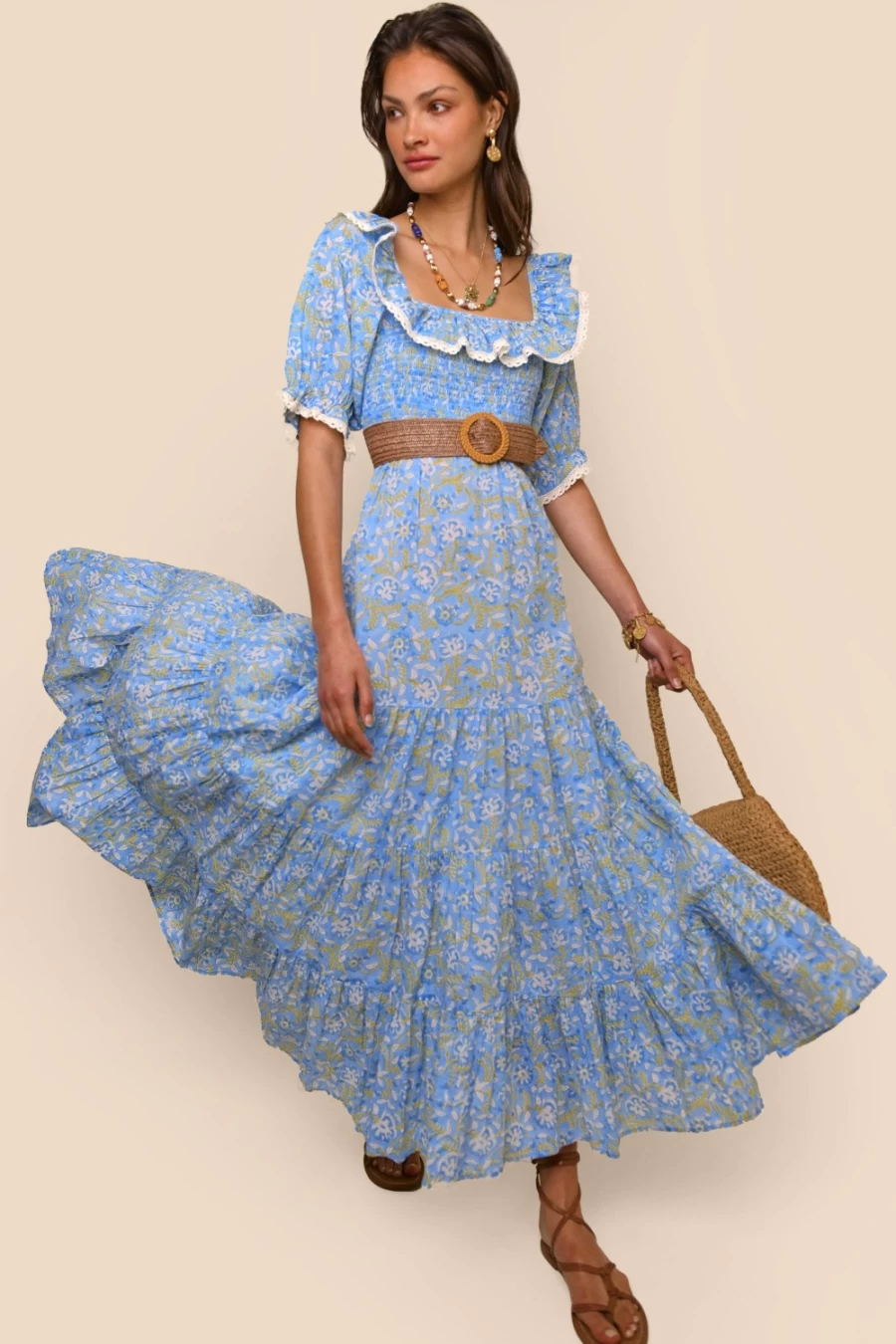 RIXO Women's Joanie Dress in Sarasa Blue - Elegant Floral Print Summer Dress