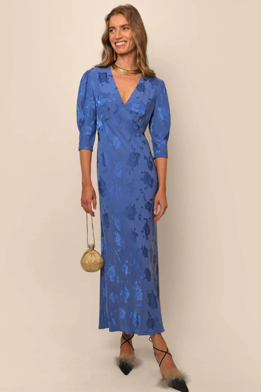 RIXO Women's Zadie Dress in Steel Blue Poppy Jacquard - Elegant Floral Print Summer Dress