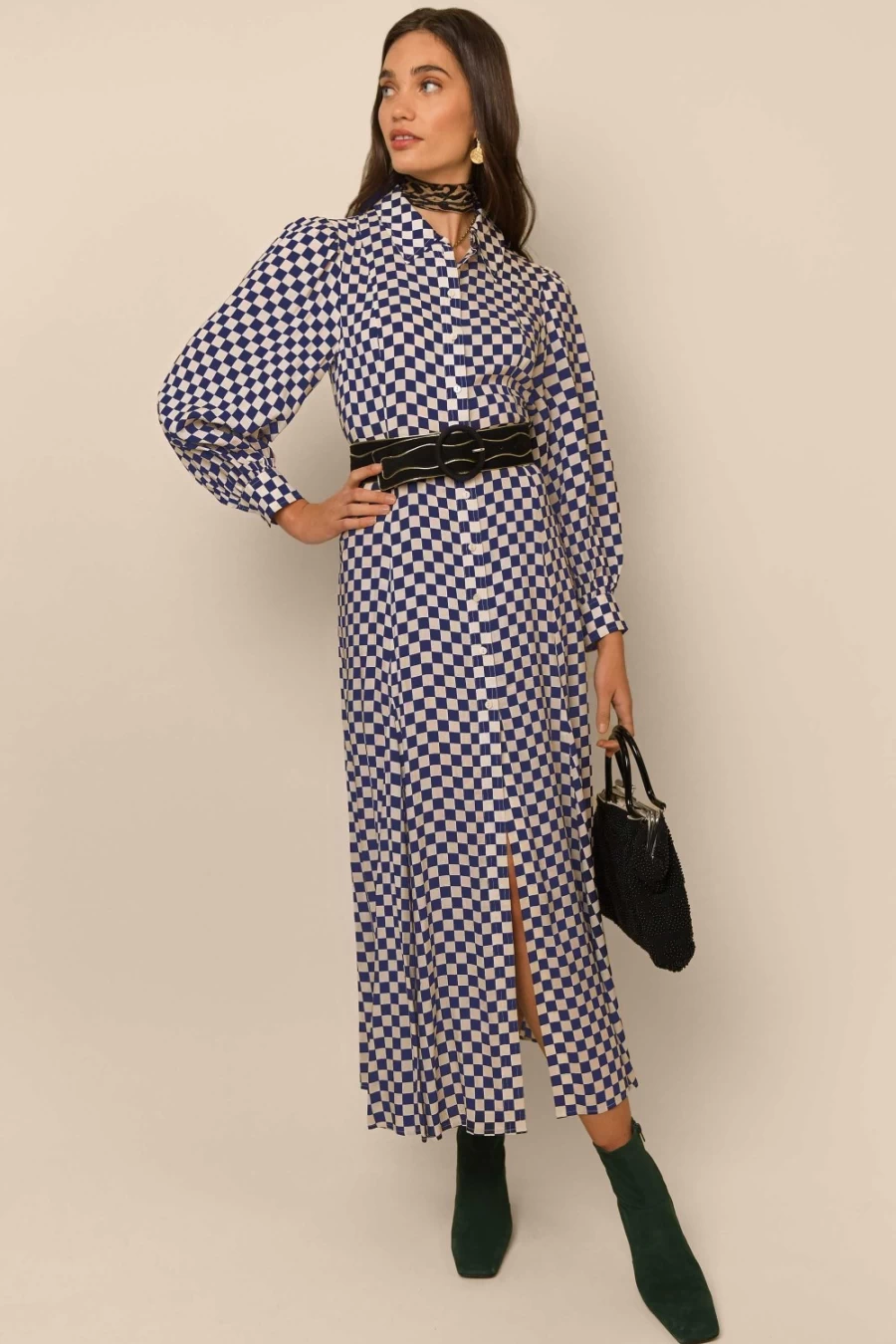 RIXO Women's Navy Cream Checkerboard Maddison Dress