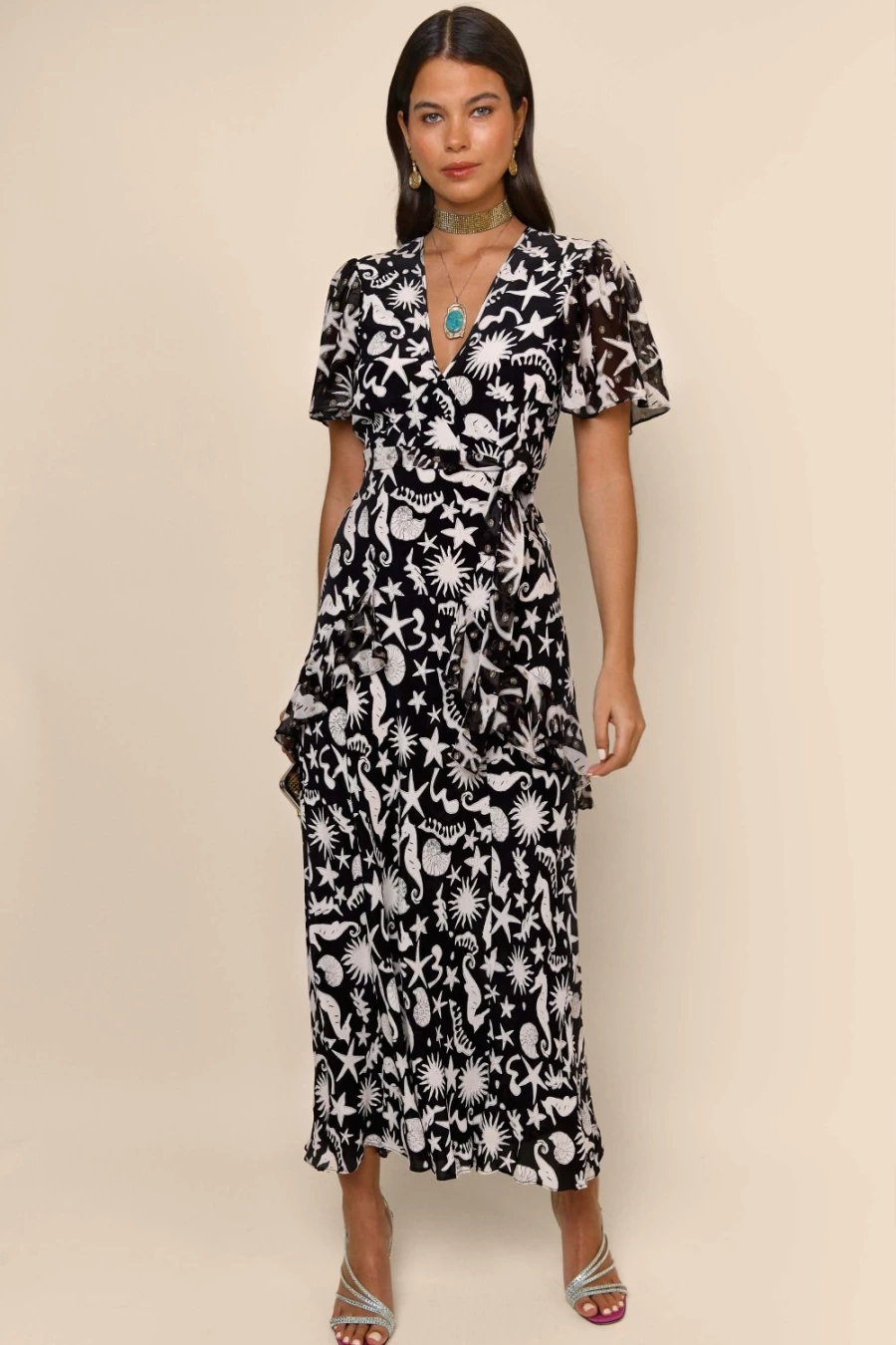 RIXO Women's Evie Dress in Abstract Ocean Black Print - Elegant Floral Pattern