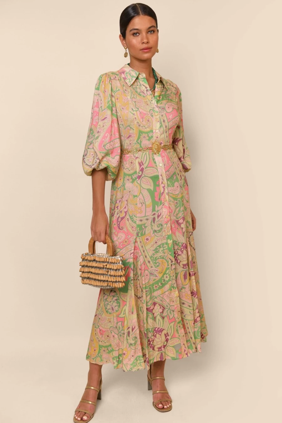 RIXO Women's Grace Paisley Green Georgina Dress