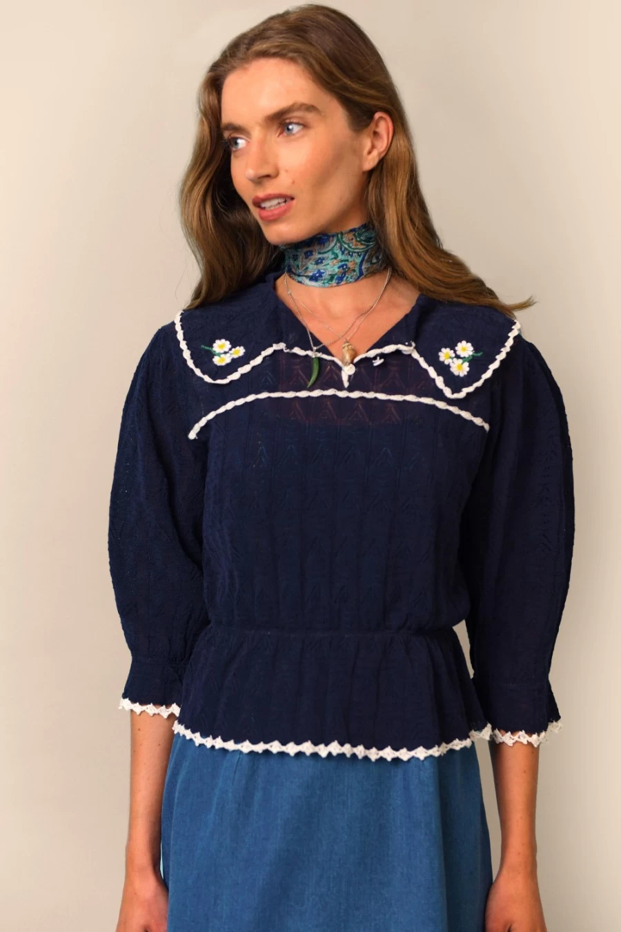 RIXO Women's Navy Kali Embroidered Dress – Elegant Floral Embroidery Design