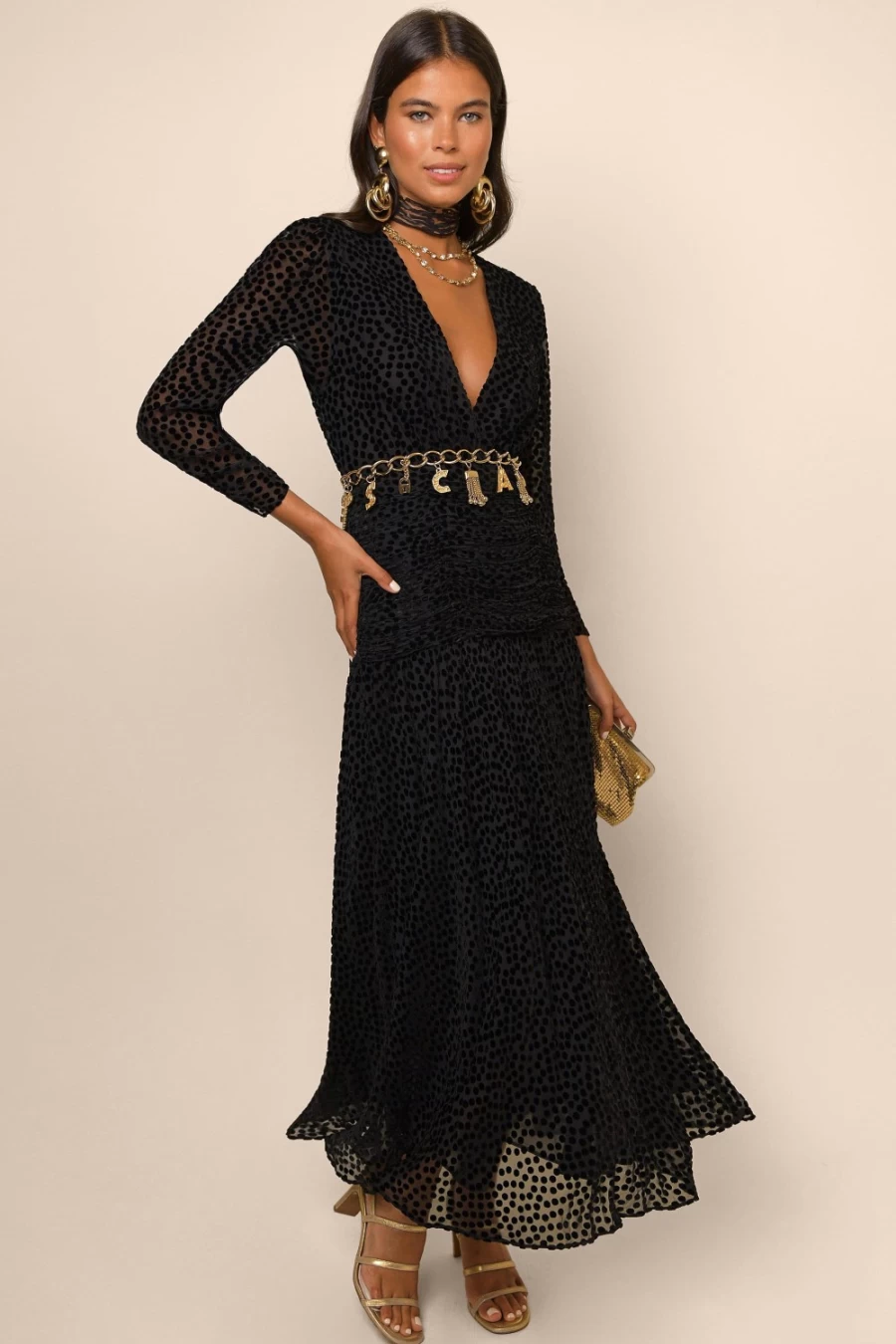 RIXO Women's Racquel Black Polka Dot Burnout Dress