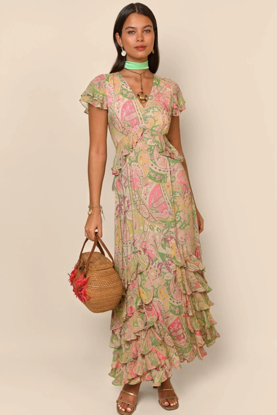 RIXO Women's Grace Paisley Green Thanvi Floral Print Dress