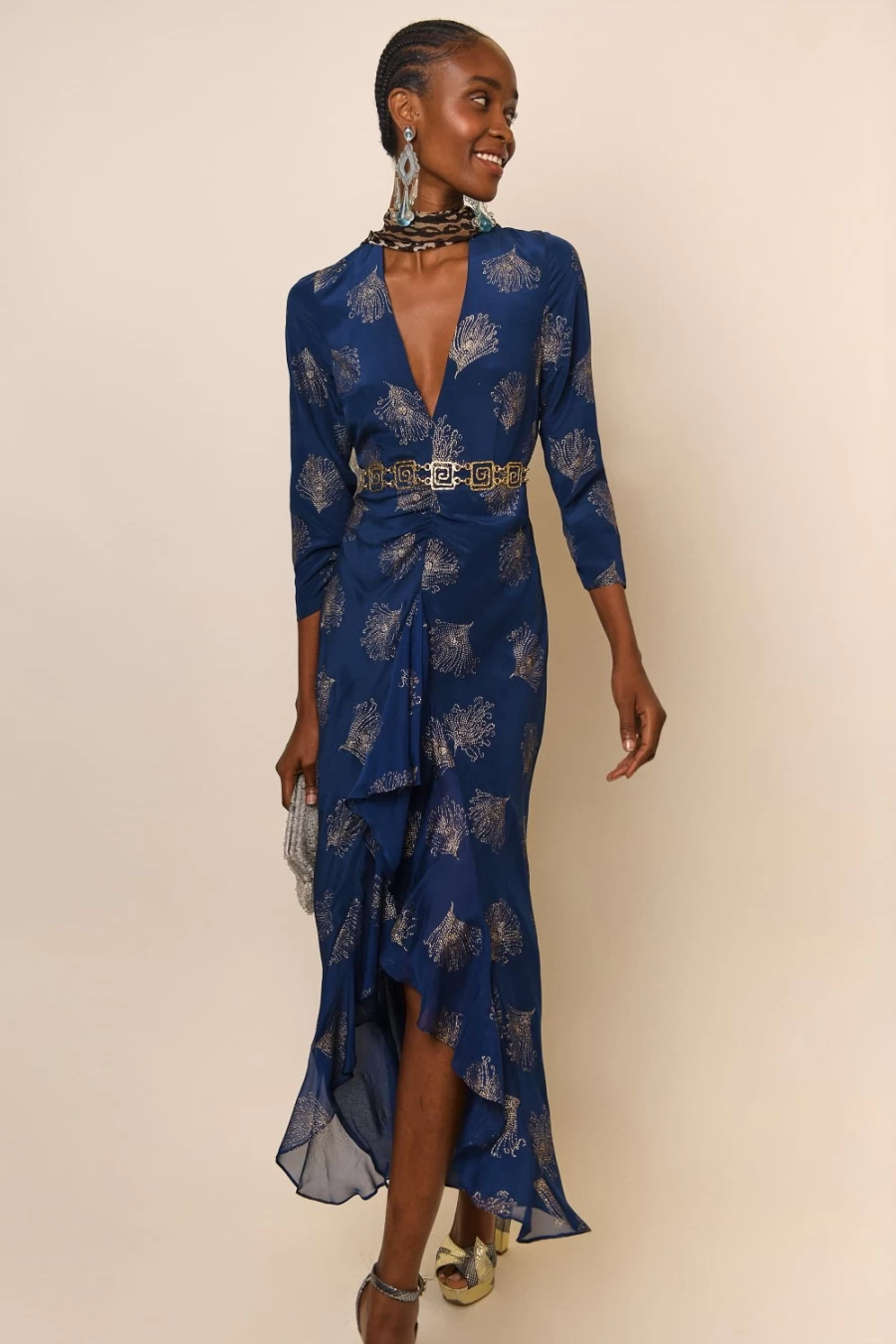 RIXO Women's Midnight Glitter Feather Rose Print Dress
