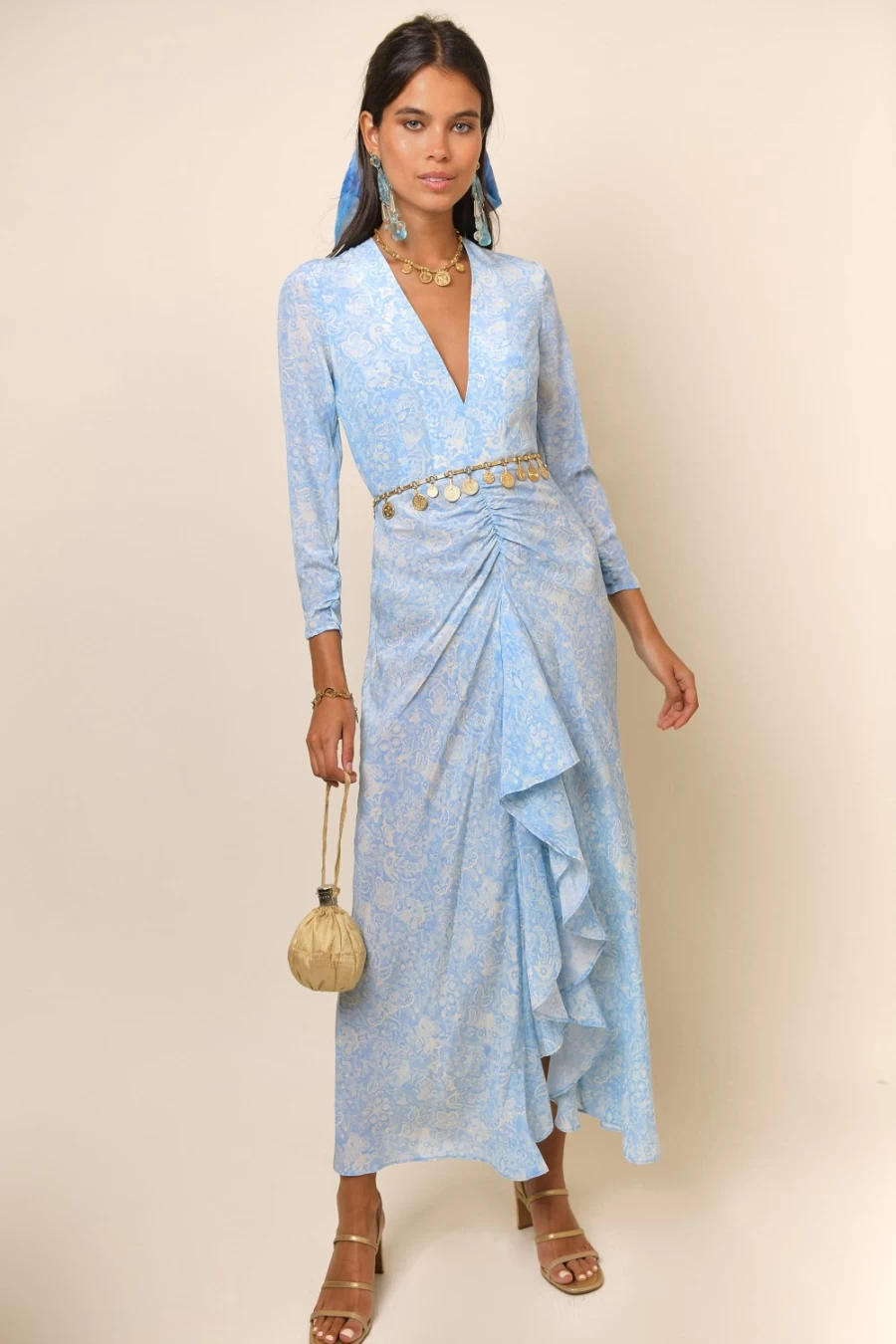 RIXO Women's Dusk Blue Paisley Rose Print Dress