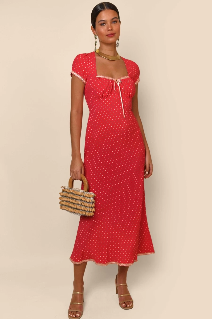 RIXO Women's Marisa Dress in Spot Red - Floral Printed Vintage Style Dress