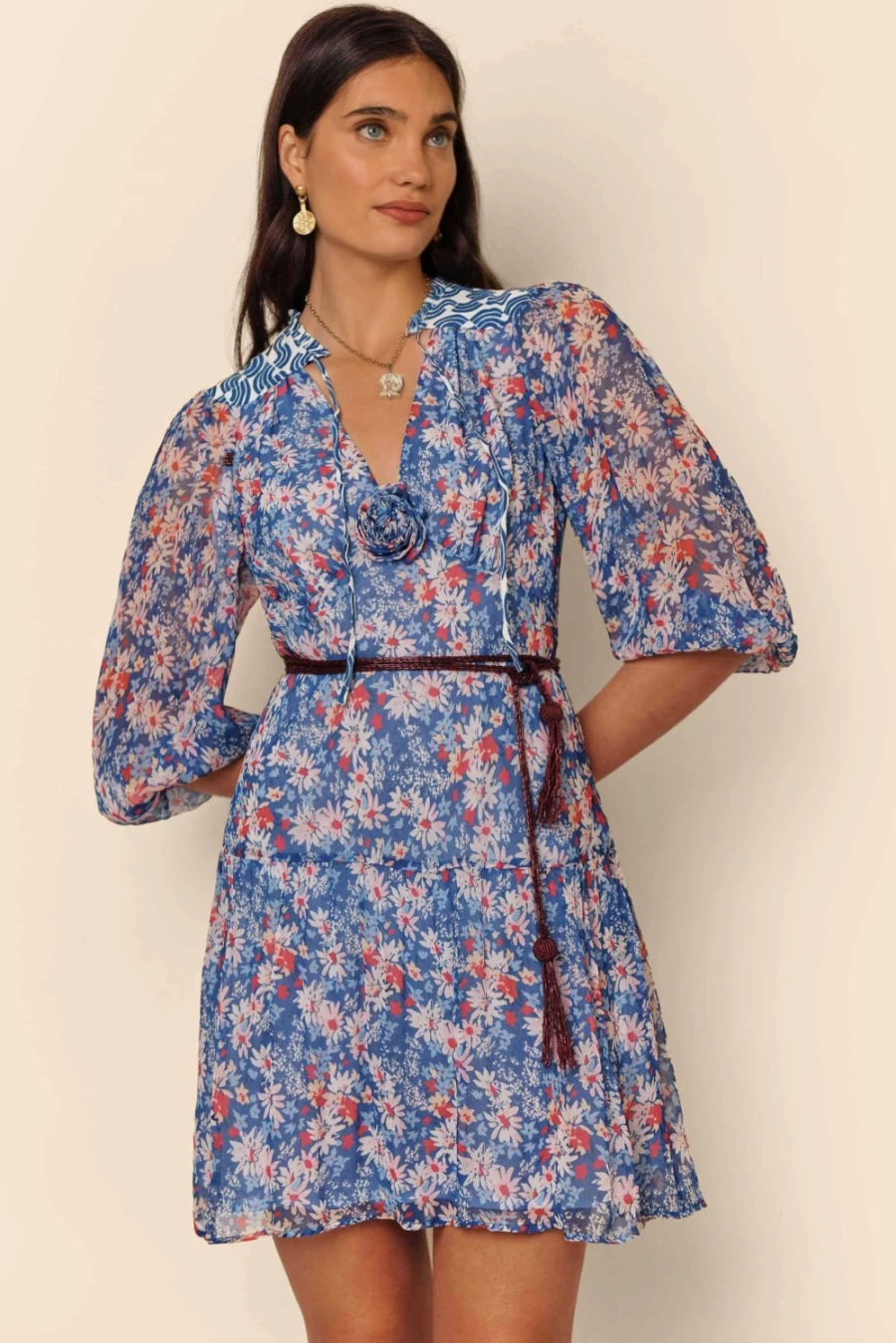 RIXO Women's Blue Daisy Trail Mix Floral Dress - Devi Collection
