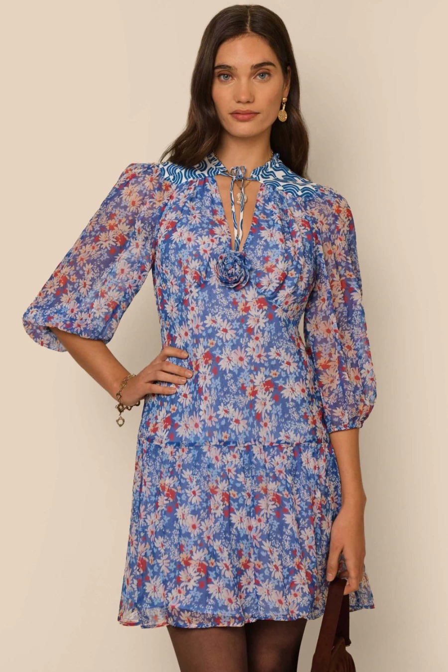 RIXO Women's Blue Daisy Trail Mix Floral Dress - Devi Collection