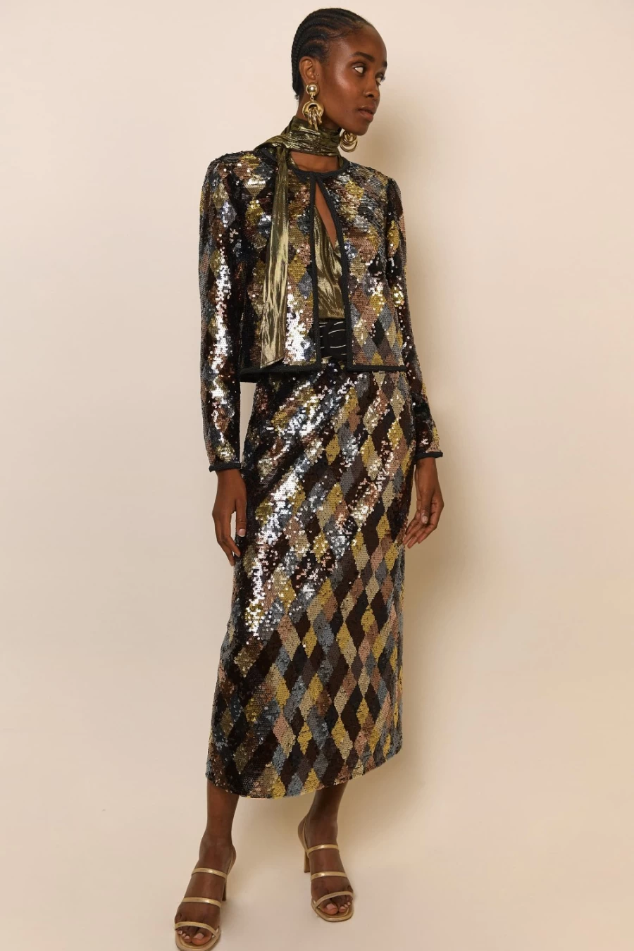 RIXO Women's Gold Harlequin Sequin Wren Dress