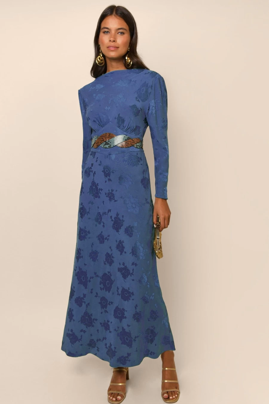RIXO Women's Steel Blue Poppy Jacquard Ginger Print Dress