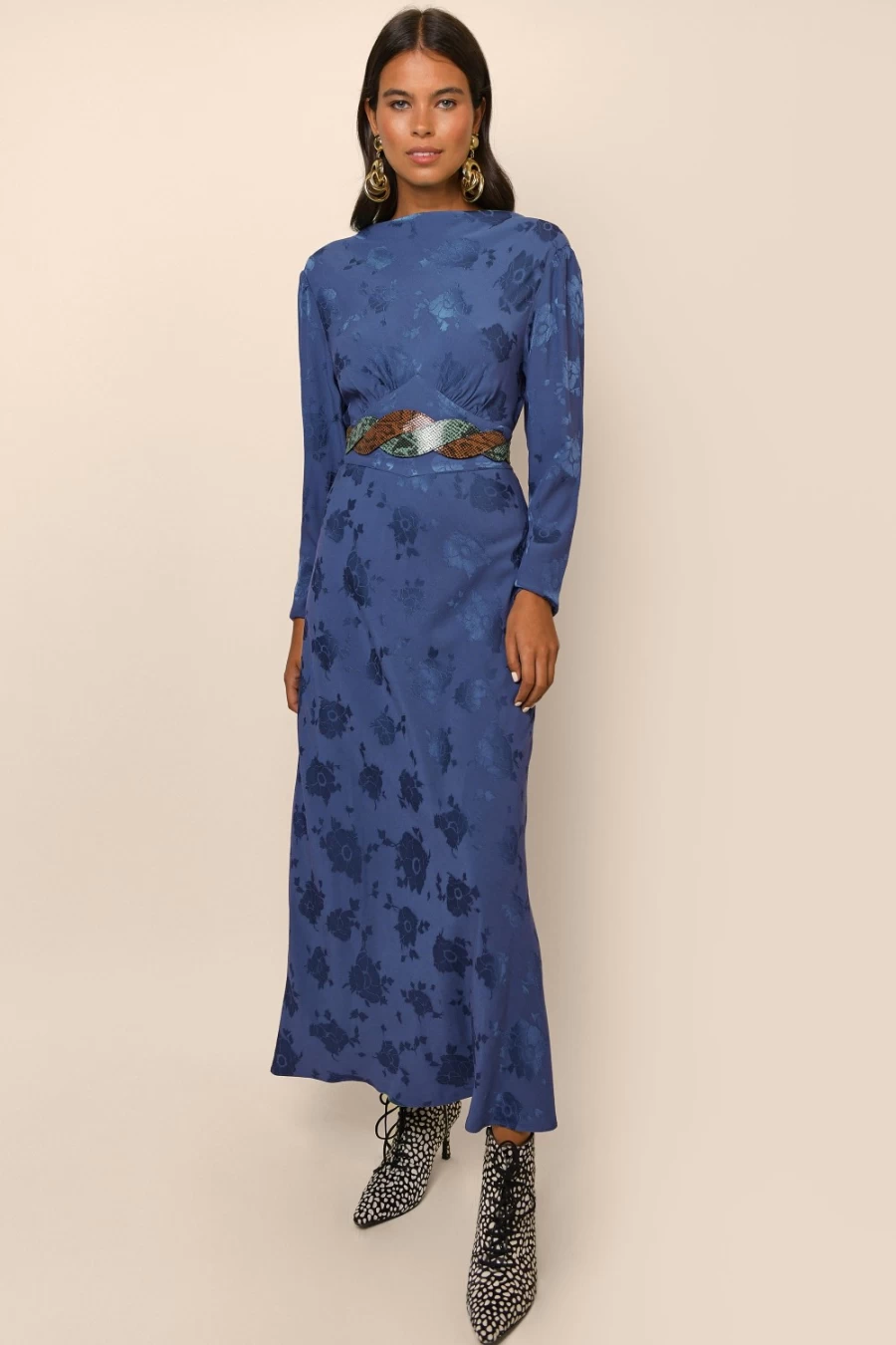 RIXO Women's Steel Blue Poppy Jacquard Ginger Print Dress