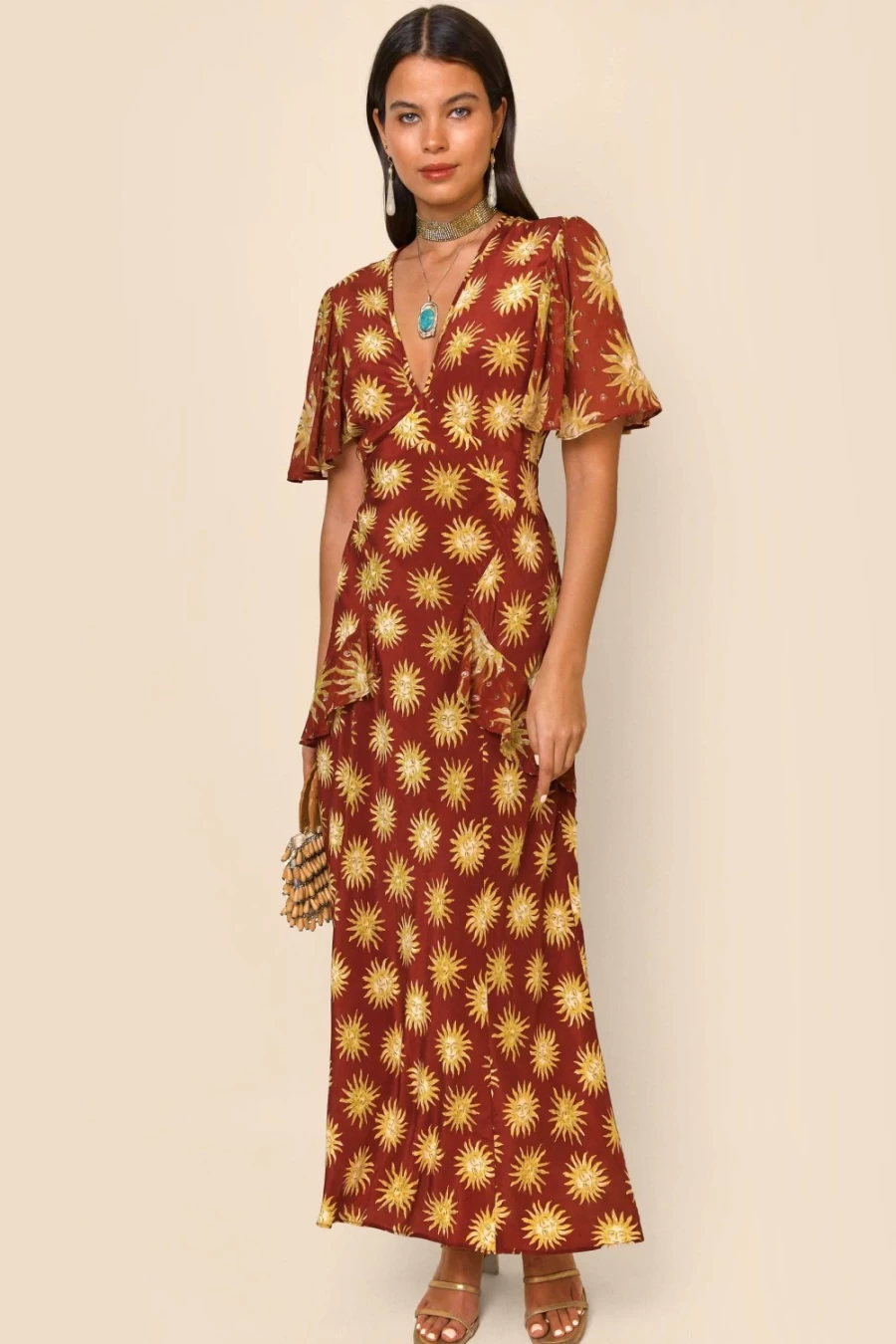 RIXO Women's Evie Dress in Sunshine Ochre - Elegant Floral Printed Midi Dress
