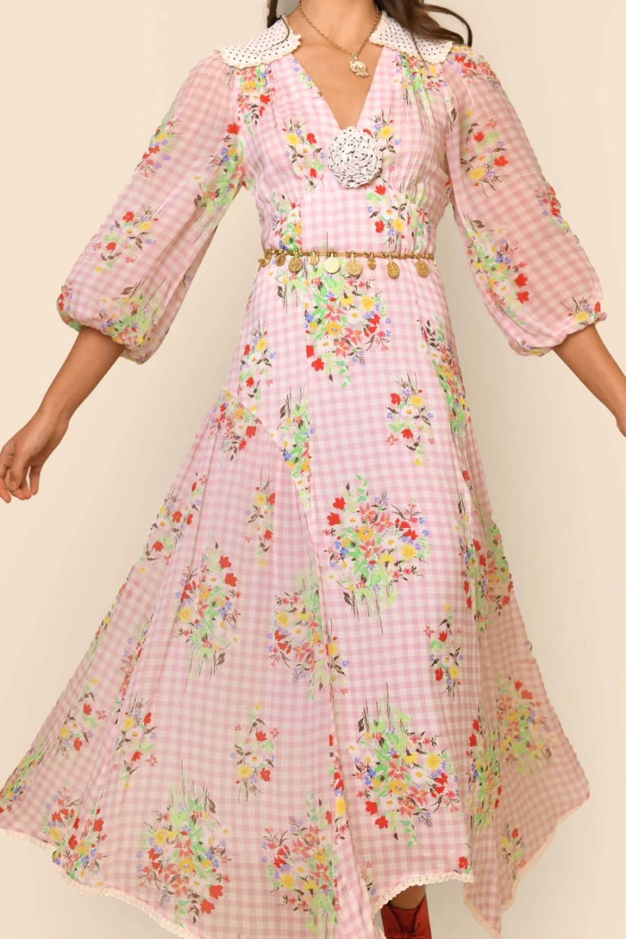 RIXO Women's Pink Check Vintage Bunch Gem Print Dress