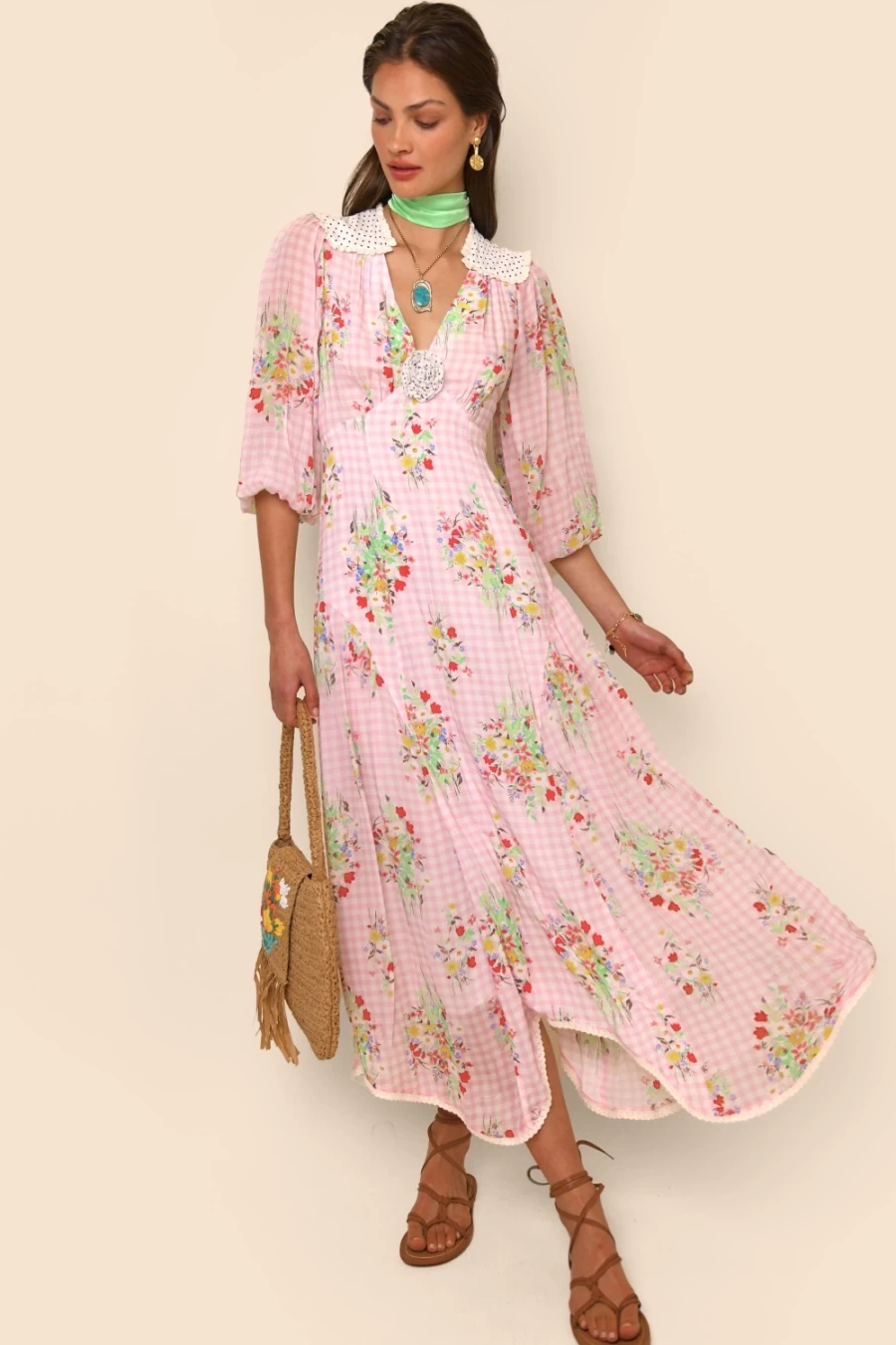 RIXO Women's Pink Check Vintage Bunch Gem Print Dress