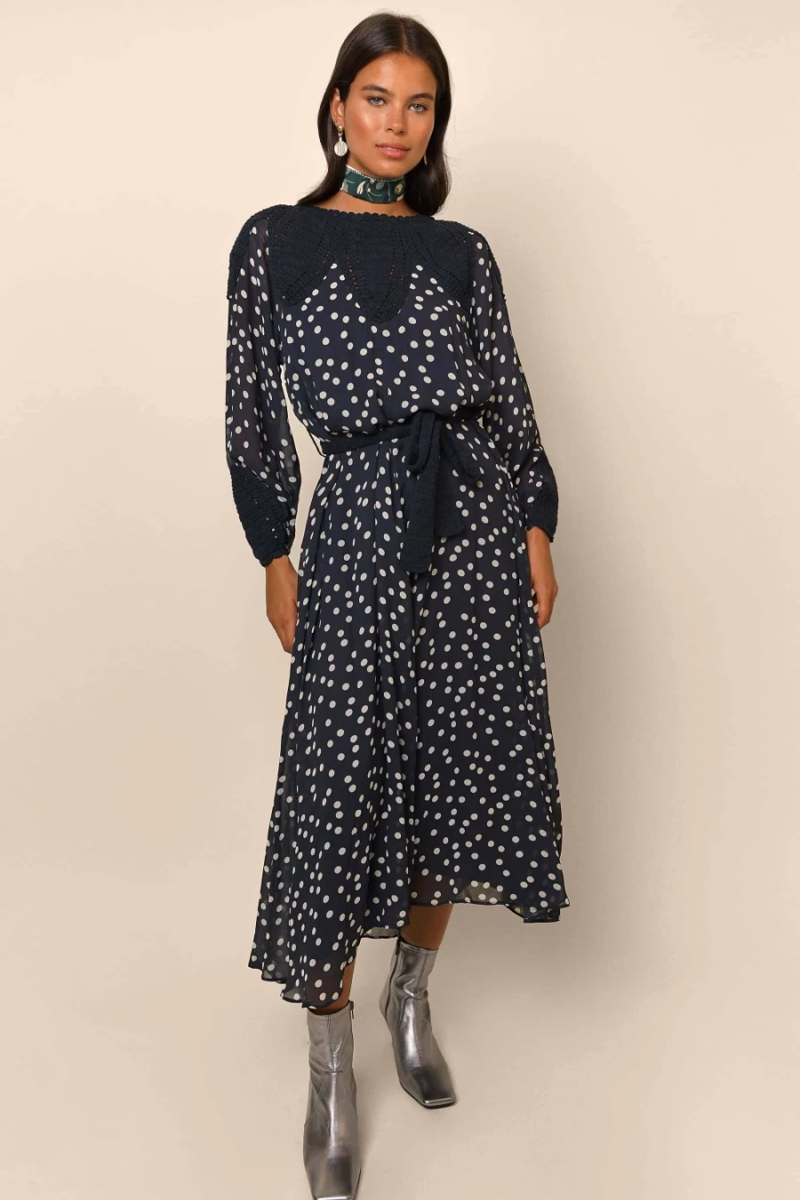RIXO Women's Polka Dot Navy Dress | Irene Style Floral Printed Elegant Dress