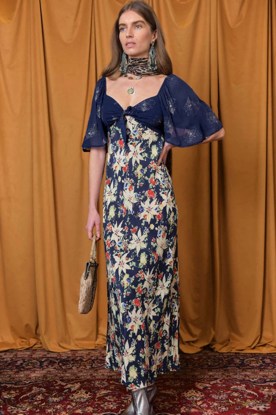RIXO Women's Navy Floral Glitter Mix Paltrow Dress