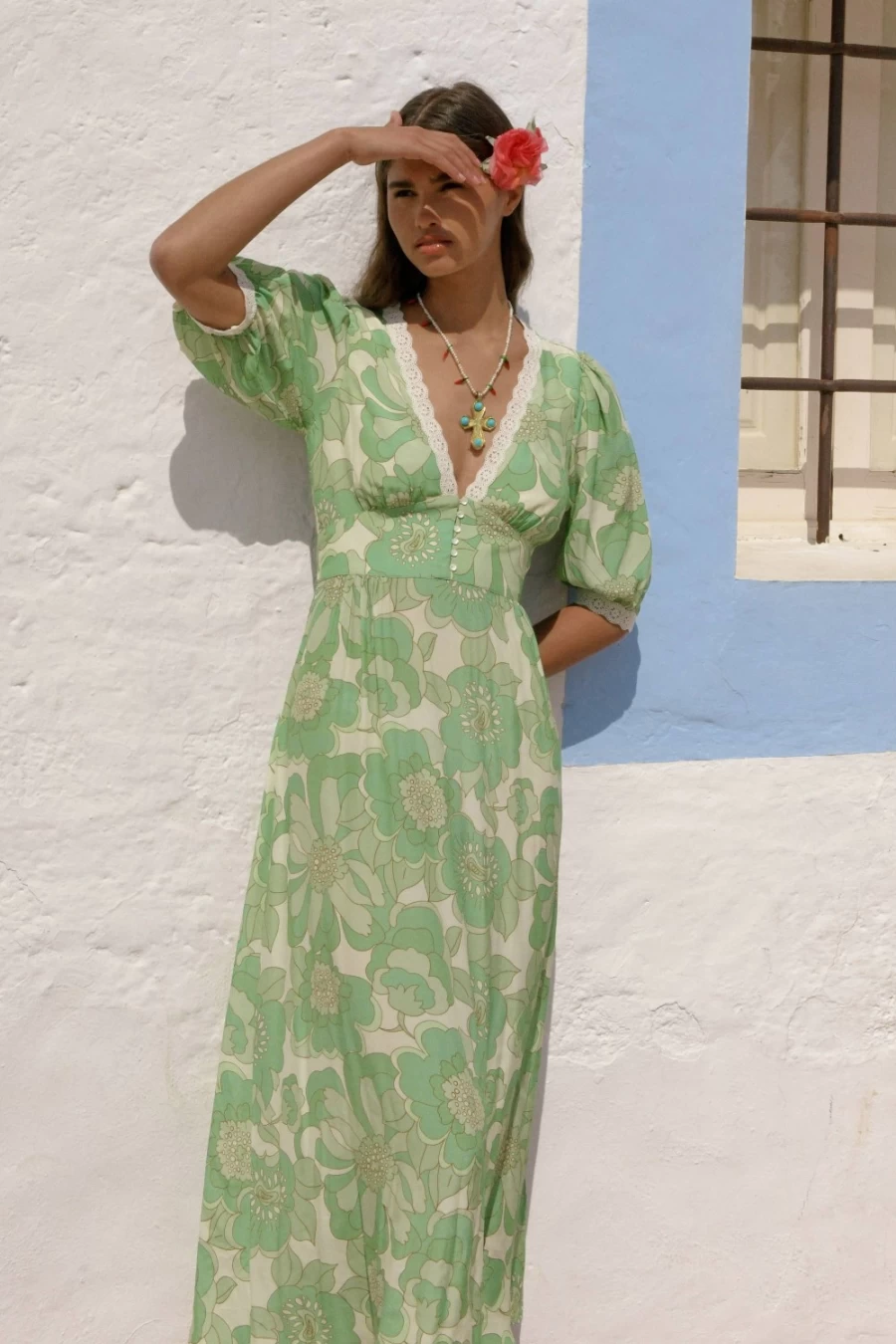 RIXO Women's Juniper Dress in Parisian Daisy Green - Floral Print Summer Dress