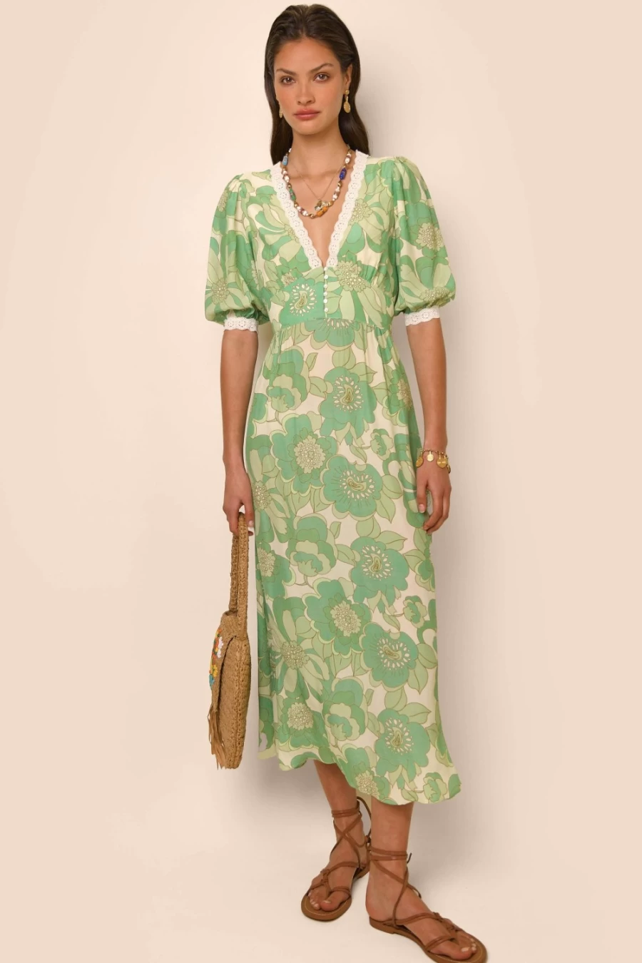 RIXO Women's Juniper Dress in Parisian Daisy Green - Floral Print Summer Dress