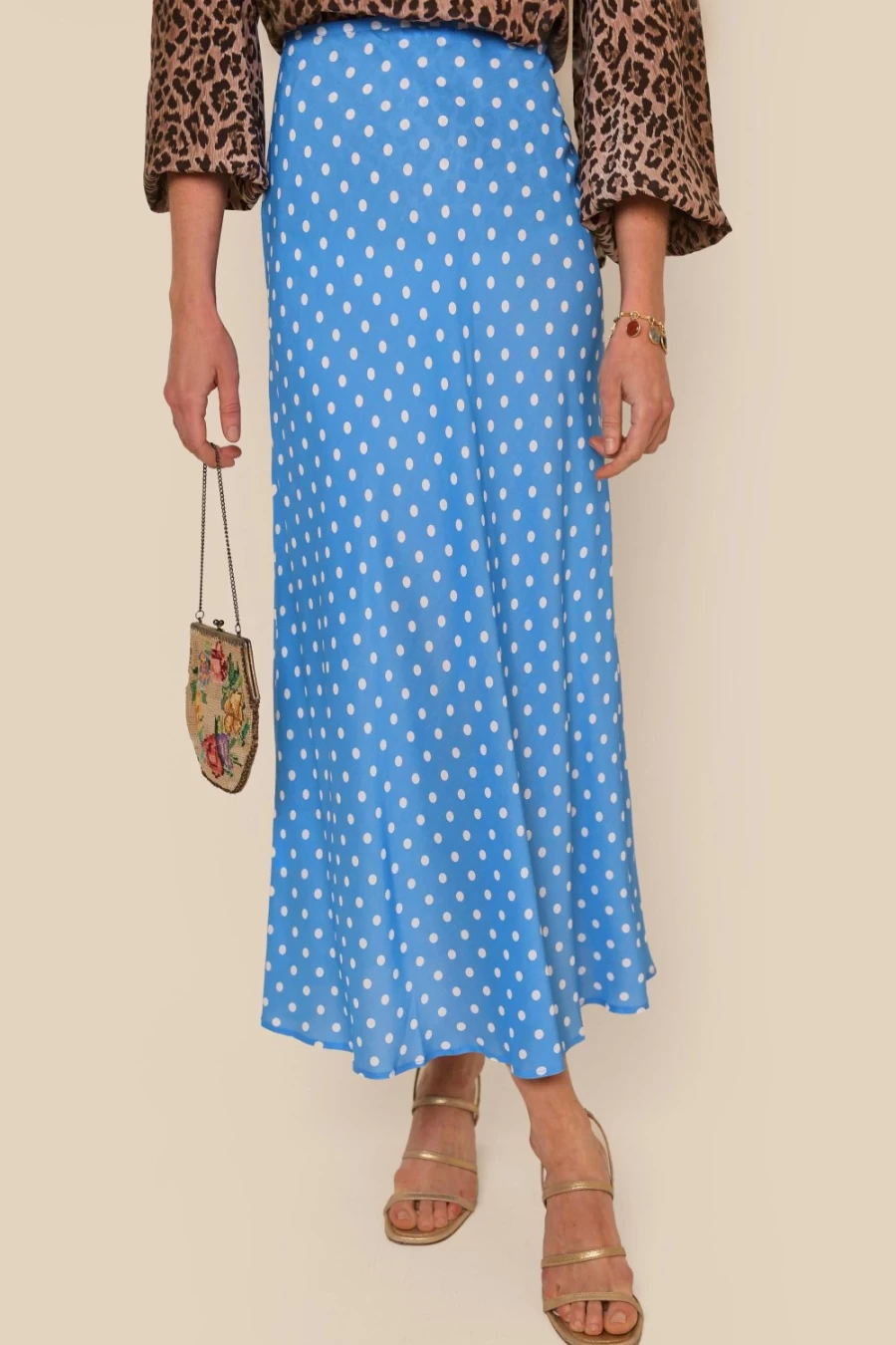 RIXO Women's Polka Dot Blue Kelly Skirt | Floral Print Midi Skirt for Women