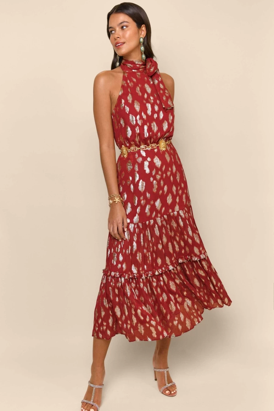 RIXO Women's Eleanor Ochre Spot Jacquard Dress