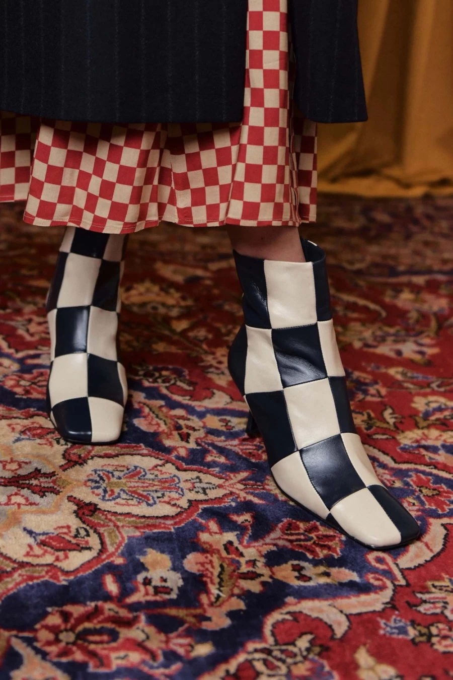 RIXO Women's Madrid Dress in Navy Cream Checkerboard Pattern
