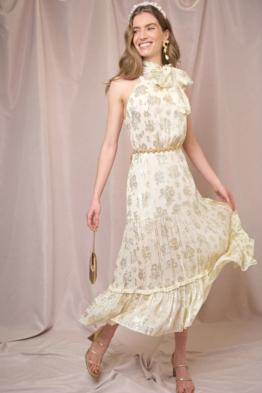 RIXO Women's Gold Lurex Jacquard Dress - Eleanor Style