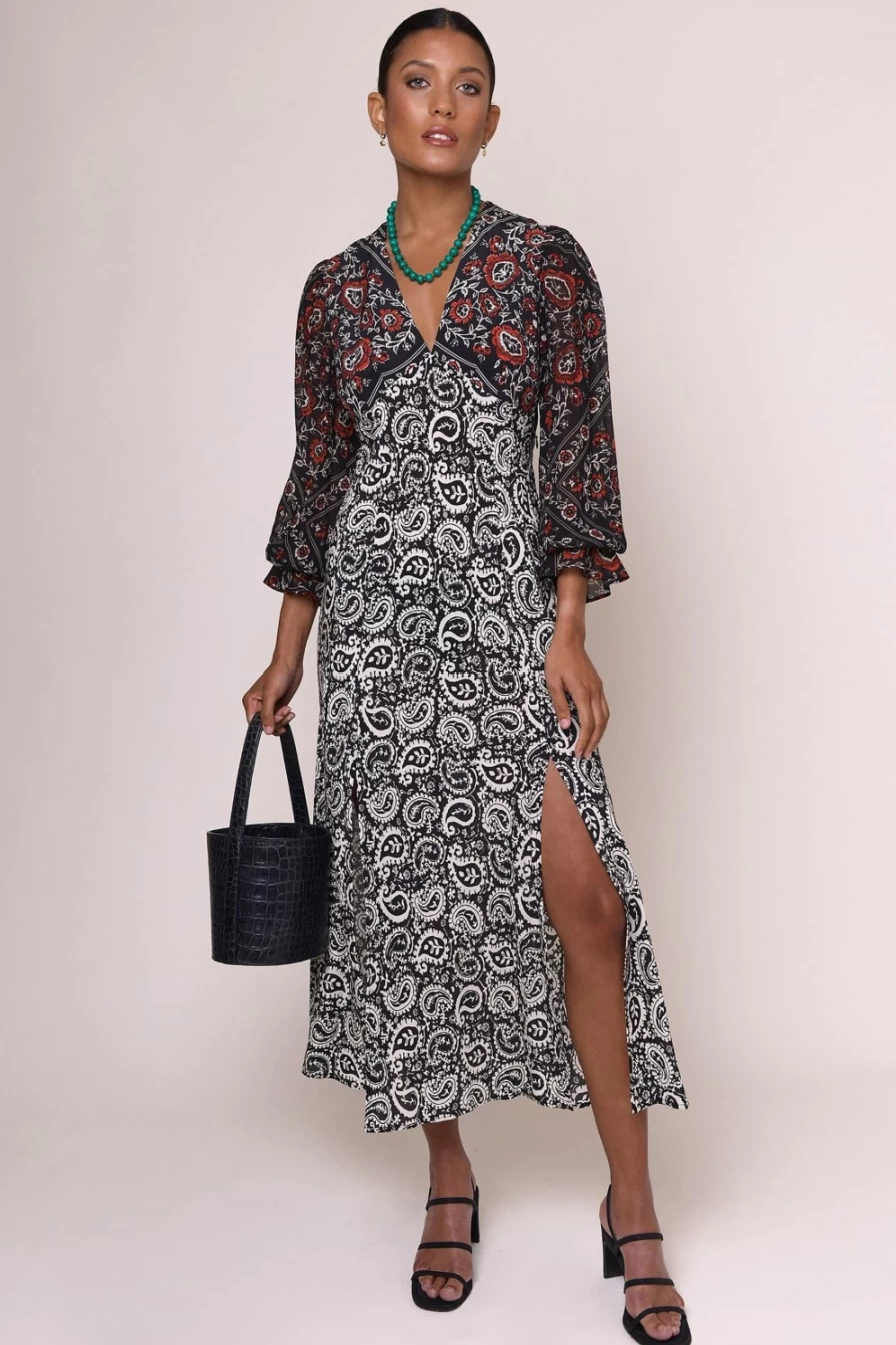 RIXO Women's Aoife Paisley Scarf Mix Print Dress