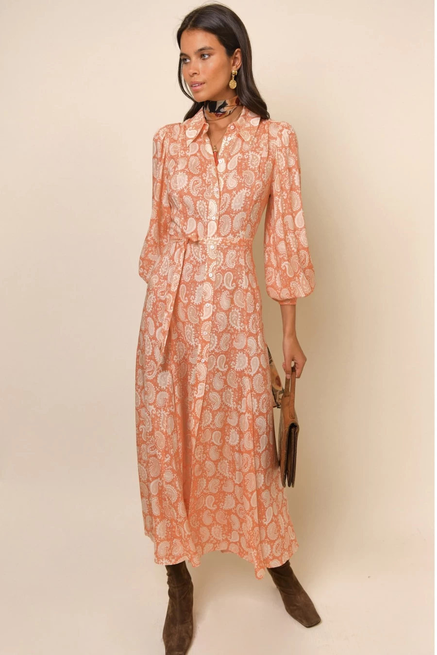 RIXO Women's Maddison Dress in Peach Paisley Stamp Floral Print