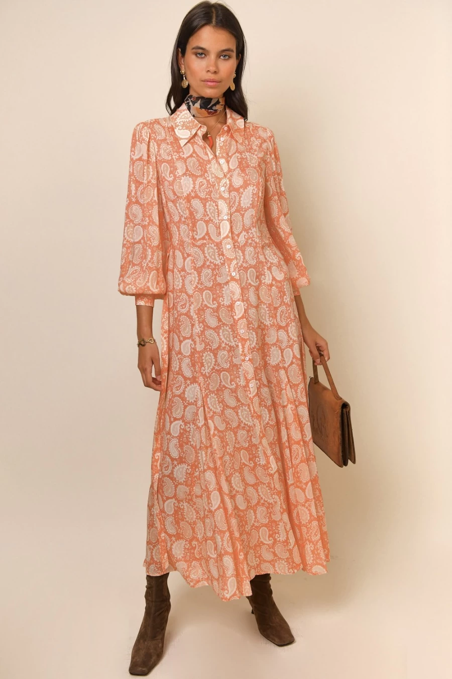 RIXO Women's Maddison Dress in Peach Paisley Stamp Floral Print