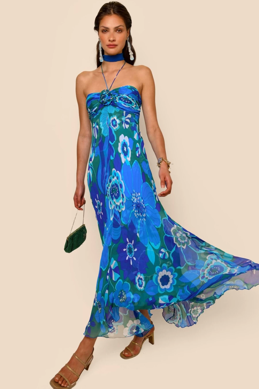 RIXO Women's Samira Retro Floral Blue Dress - Vintage Floral Print Summer Dress