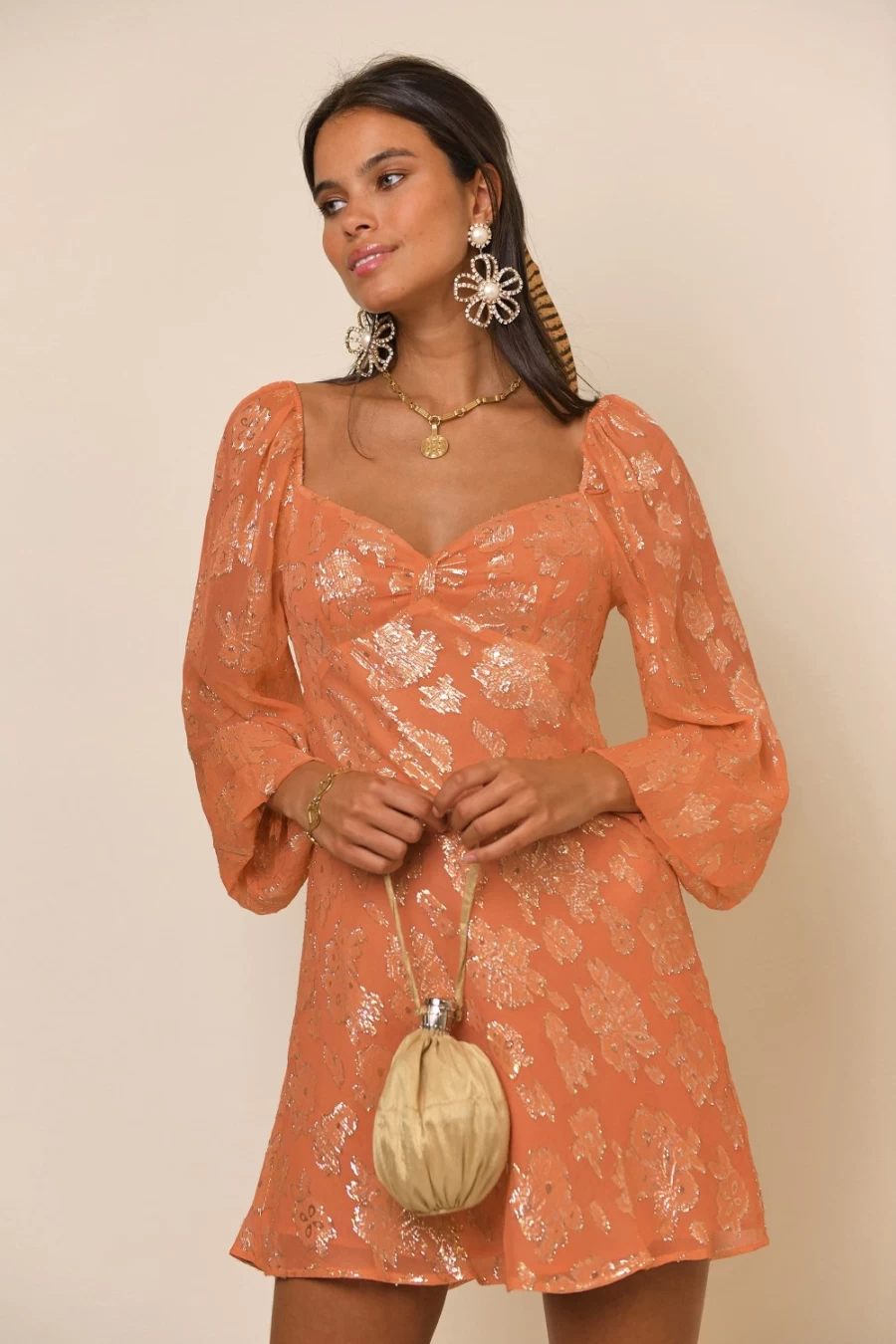 RIXO Women's Lily Metallic Coral Dress - Paris Inspired Elegant Fashion