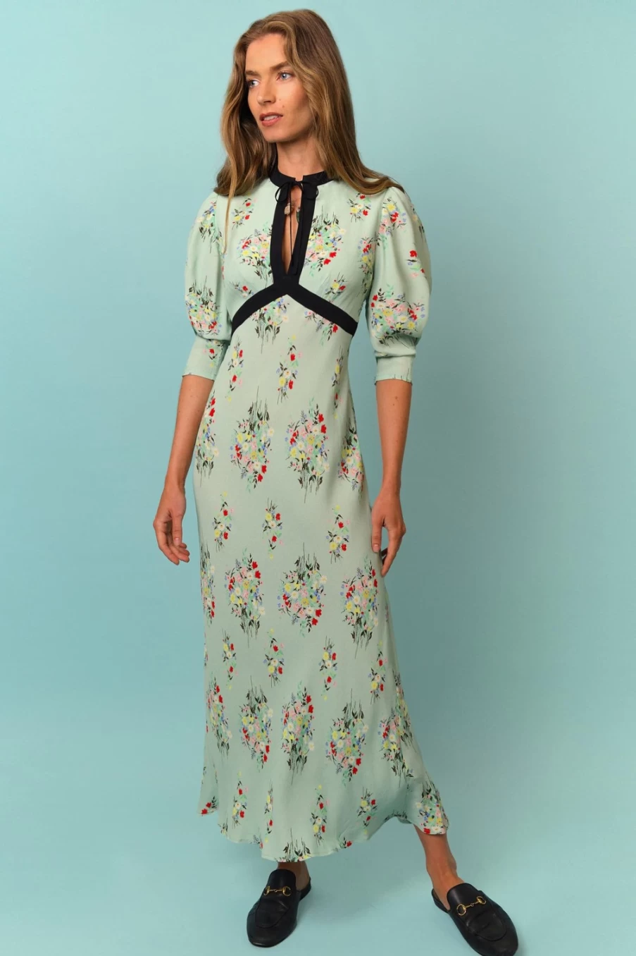 RIXO Women's Mint Vintage Bunch Floral Print Dress - Petra Bouquet Mint Green
