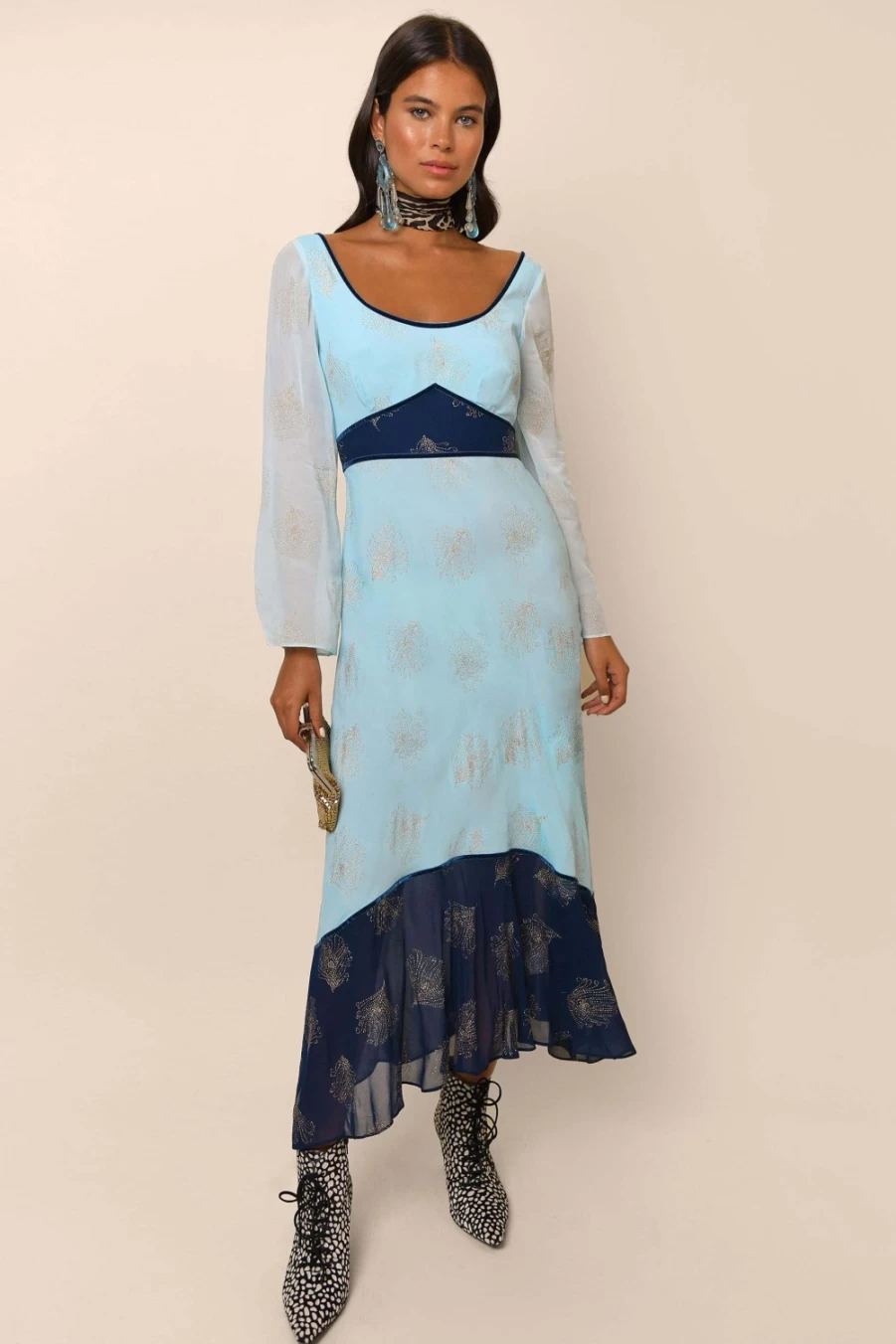 RIXO Women's Blue Glitter Feather Mix Dress - Mathilde Style Elegant Gown