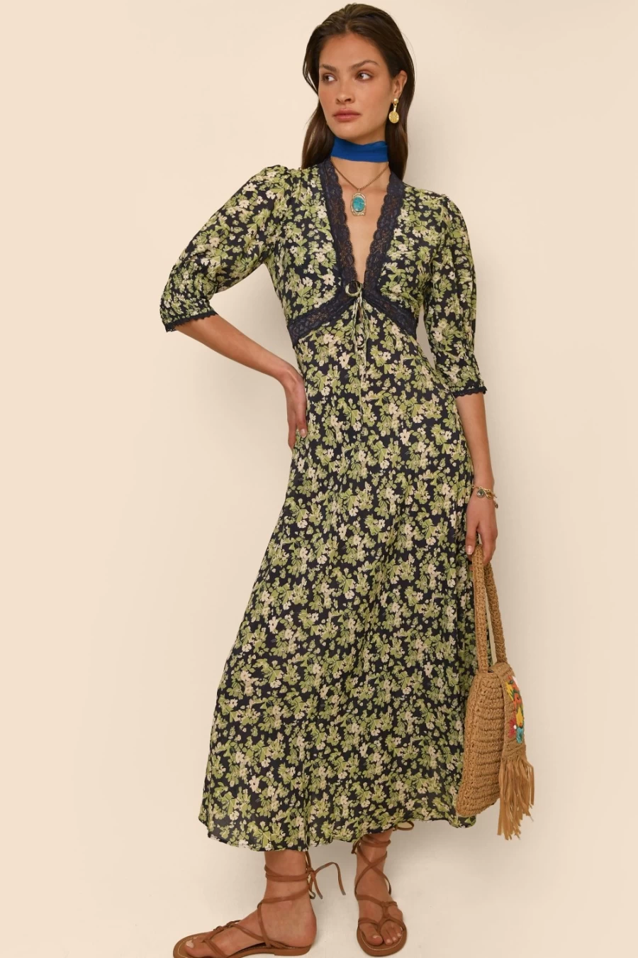 RIXO Women's Amina Dress in Marais Floral Green - Floral Print Summer Dress