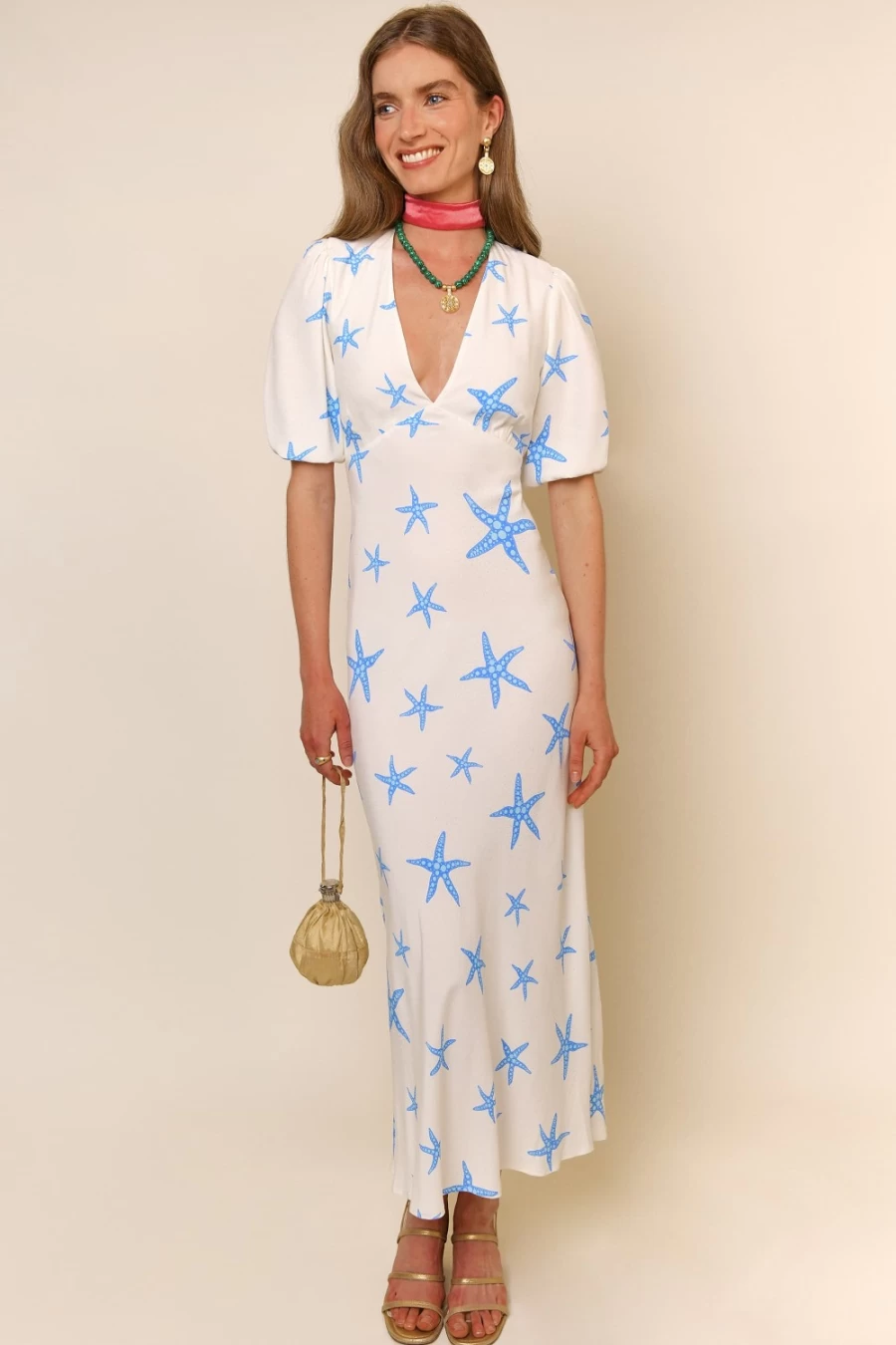 RIXO Women's Steph Dress in Starfish Cream Blue - Elegant Floral Print Summer Dress
