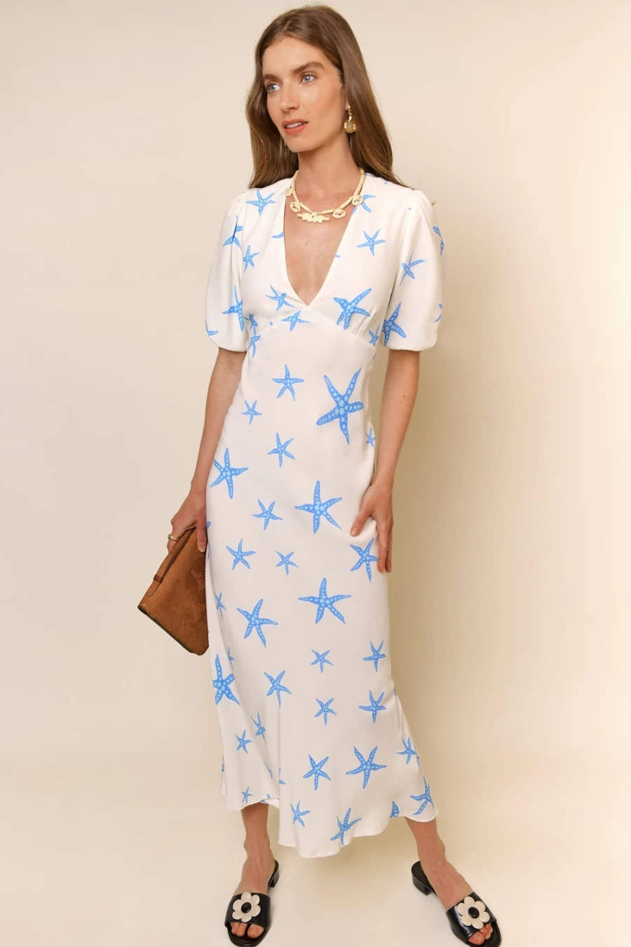 RIXO Women's Steph Dress in Starfish Cream Blue - Elegant Floral Print Summer Dress