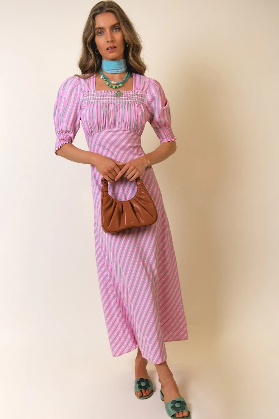 RIXO Women's Corsica Dress in Pink Sunlounge Stripe - Floral Summer Midi Dress