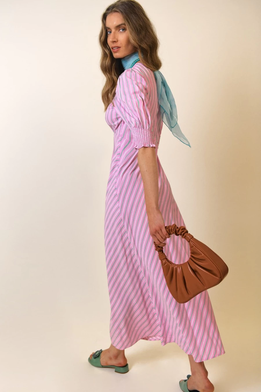 RIXO Women's Corsica Dress in Pink Sunlounge Stripe - Floral Summer Midi Dress