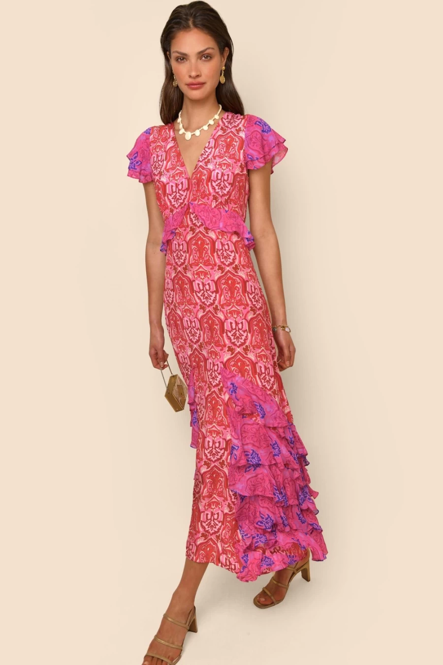 RIXO Women's Thanvi Dress in Woodblock Pink Mix - Floral Printed Boho Chic Style