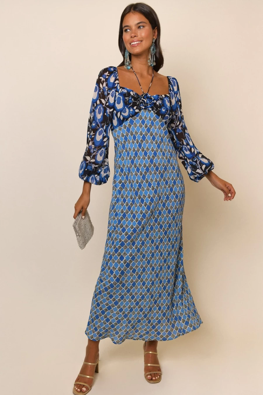 RIXO Women's Blue Starlet Floral Mix Jeanie Dress