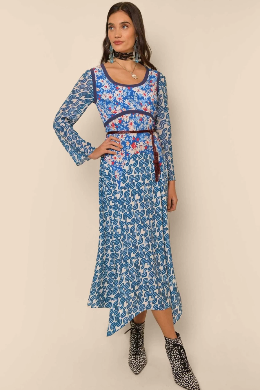 RIXO Women's Blue Abstract Wave Mix Harmony Print Dress